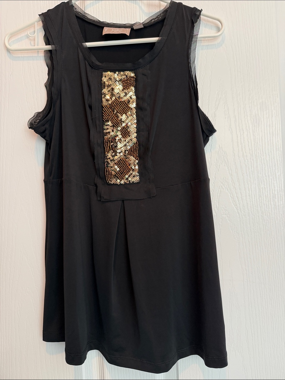 Black Sleeveless Tank Top with Gold Sequin Panel